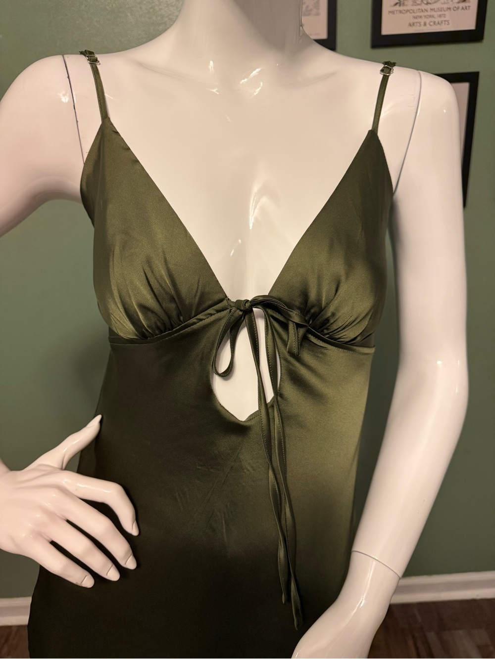 Peppermayo Flora Satin Maxi Dress NWT Size 4 Olive Green - Picture 3 of 12